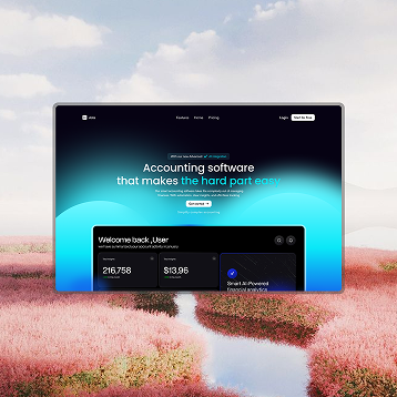 Accounting software interface displayed over a landscape